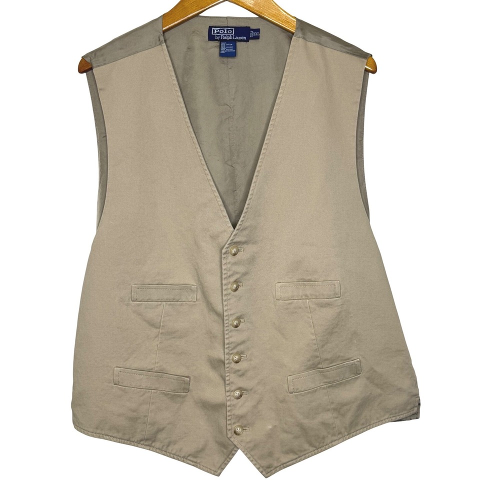 Vintage Polo Ralph Lauren Cotton Button Vest Satin Back Tan XXL